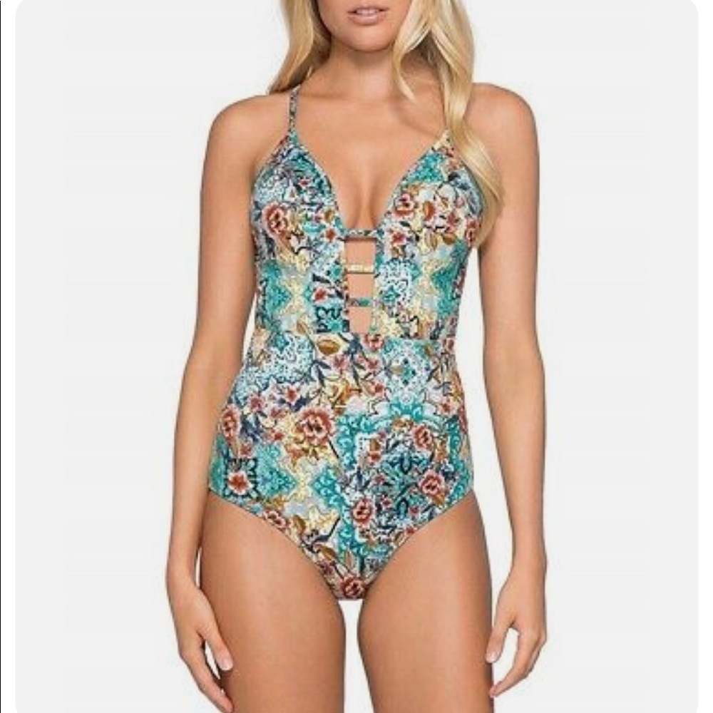 JETS By Jessika Allen Women's Teal Decorum Plunge One Piece Swimsuit